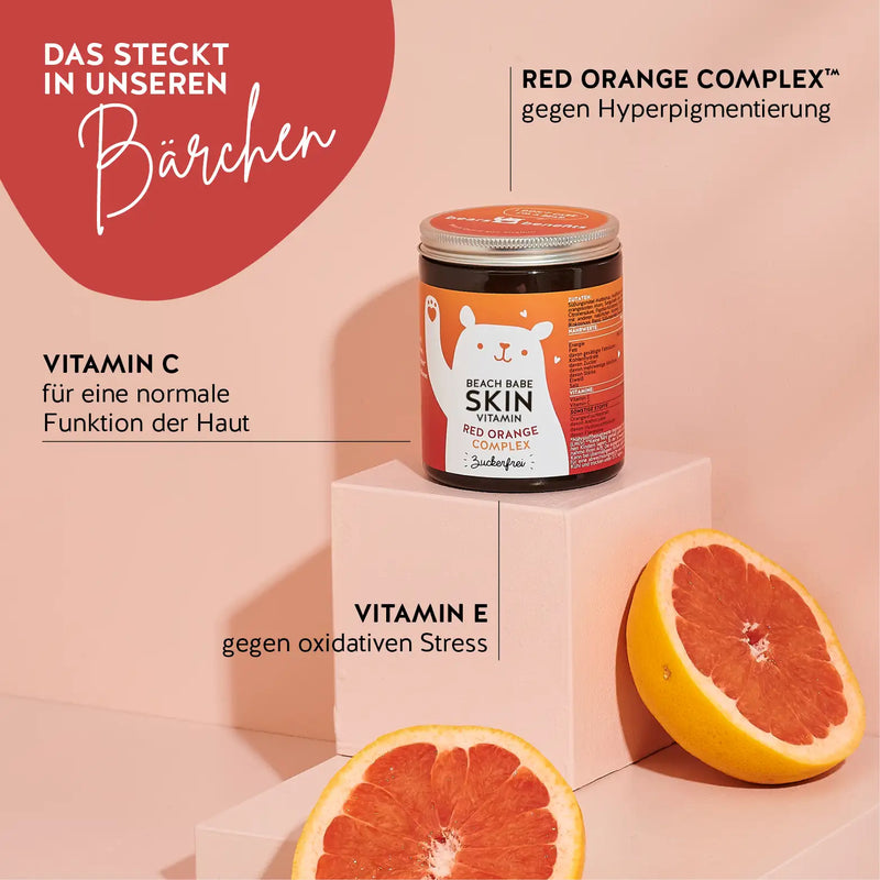 Diese Inhaltsstoffe und Nährstoffe stecken in den Beach Guard Sun Vitamins von Bears with Benefits: Red Orange Complex, Vitamin C, Vitamin E.