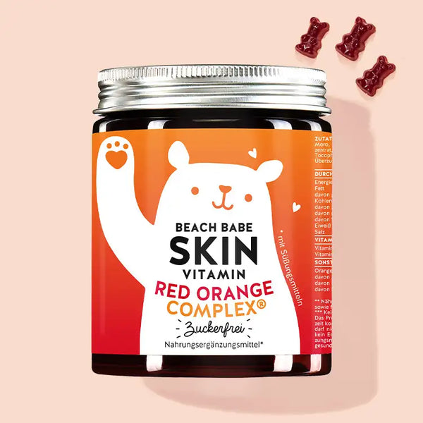 Eine Dose der Beach Babe Skin Vitamins mit Red Orange Complex, Vitamin C und E für sonnengeschädigte Haut von Bears with Benefits