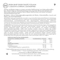 Hier ist das Etikett der Burn Baby Burn Shape Vitamins Bärchen mit L-leucing und Chrom abgebildet. Darauf stehen die Zutatenliste sowie die Nährwertangaben des Produkts.