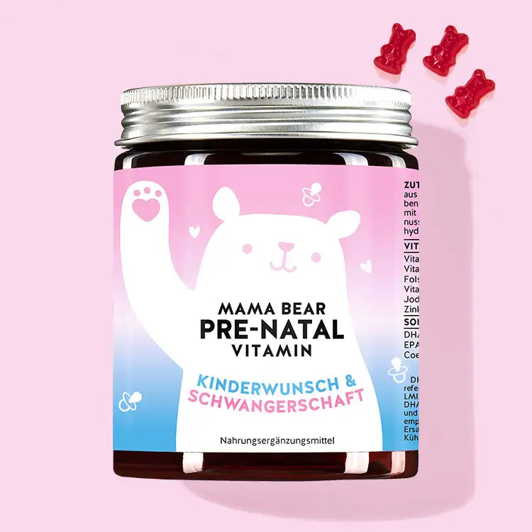Auf diesem Bild ist eine Dose des Produkts Mama Bear Pre-Natal mit Schwangerschaftsvitaminen von Bears with Benefits abgebildet.