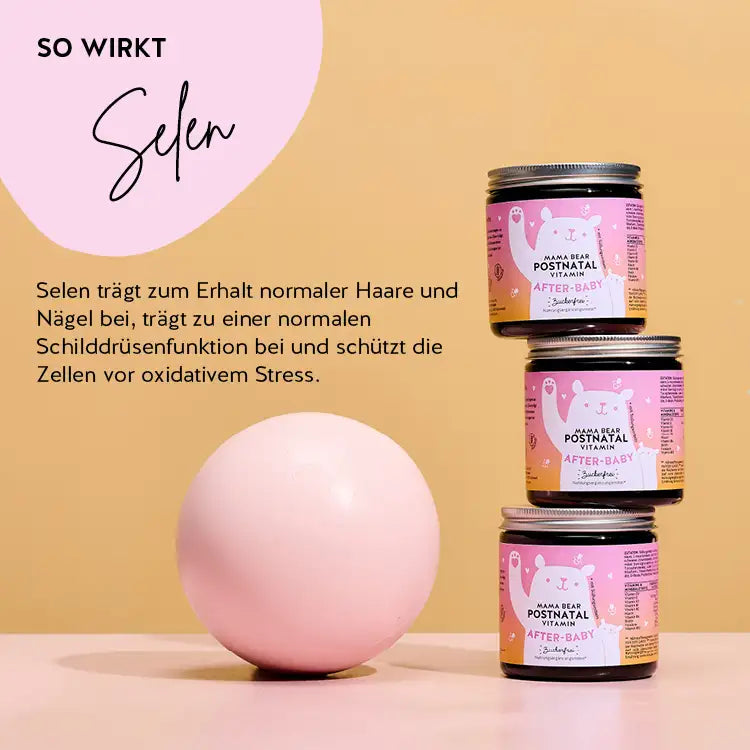 So wirken die Mama Bear Post-Natal Vitamins von mit Eisen und Selen: Selen trägt zum Erhalt normaler Haare und Nägel bei, trägt zu einer normalen Schilddrüsenfunktion bei und schützt die Zellen vor oxidativem Stress.