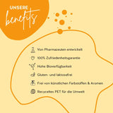 Auf diesem Bild sind die Benefits des Produkts Hey Sunshine Sun von Bears with Benefits dargestellt. Von Pharmazeuten entwickelt, 100% Zufriedenheitsgarantie, Hohe Bioverfügbarkeit, Gluten- und laktosefrei, frei von künstlichen Farbstoffen & Aromen, Recyceltes PET für die Umwelt