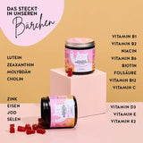 Diese Inhaltsstoffe und Nährstoffe stecken in den Mama Bear Post-Natal Vitamins von Bears with Benefits: Zink, Eisen, Jod, Selen, Lutein, Zeaxanthin, Molybdän, Cholin, Niacin, Biotin, Folsäure und die Vitaminen B1, B2, B6, B12, C, D3, E und K2.