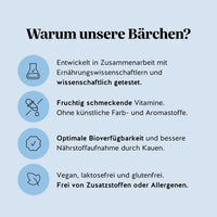 Bears with Benefits WAKE-UP CALL ENERGY* Vitamin – Warum unsere Bärchen? Entwickelt in Zusammenarbeit mit Ernährungswissenschaftlern und wissenschaftlich getestet; fruchtig schmeckende Vitamine ohne künstliche Farb- und Aromastoffe; optimale Bioverfügbarkeit & bessere Nährstoffaufnahme durch Kauen; vegan, laktosefrei und glutenfrei; frei von Zusatzstoffen oder Allergenen