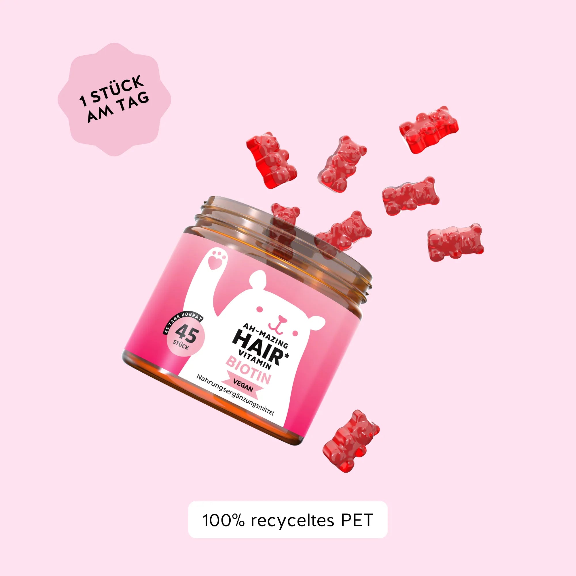 Bears with Benefits AH-MAZING Hair Vitamin – Verzehrempfehlung 1 Biotin Gummibärchen pro Tag, 45 Stück Vorrat, Verpackung aus 100% recyceltem PET, vegan und nachhaltig
