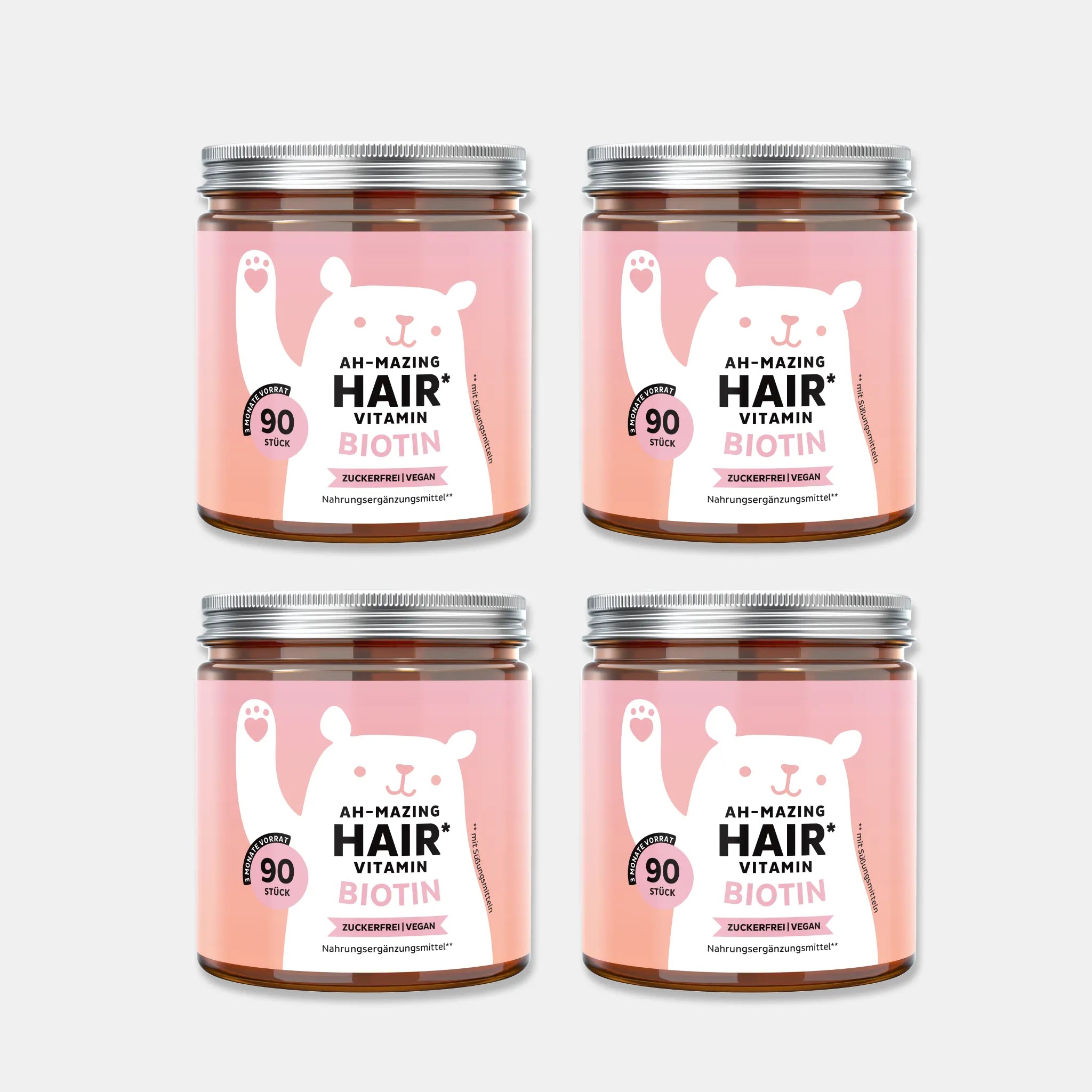 Bears with Benefits Ah-Mazing Hair Vitamin – vegane Biotin Gummibärchen für die Erhaltung normaler Haare, Haut und Nägel, 10.000 mcg Biotin pro Tagesdosis, 4 x 90 Stück, 12 Monate Vorrat, zuckerfrei