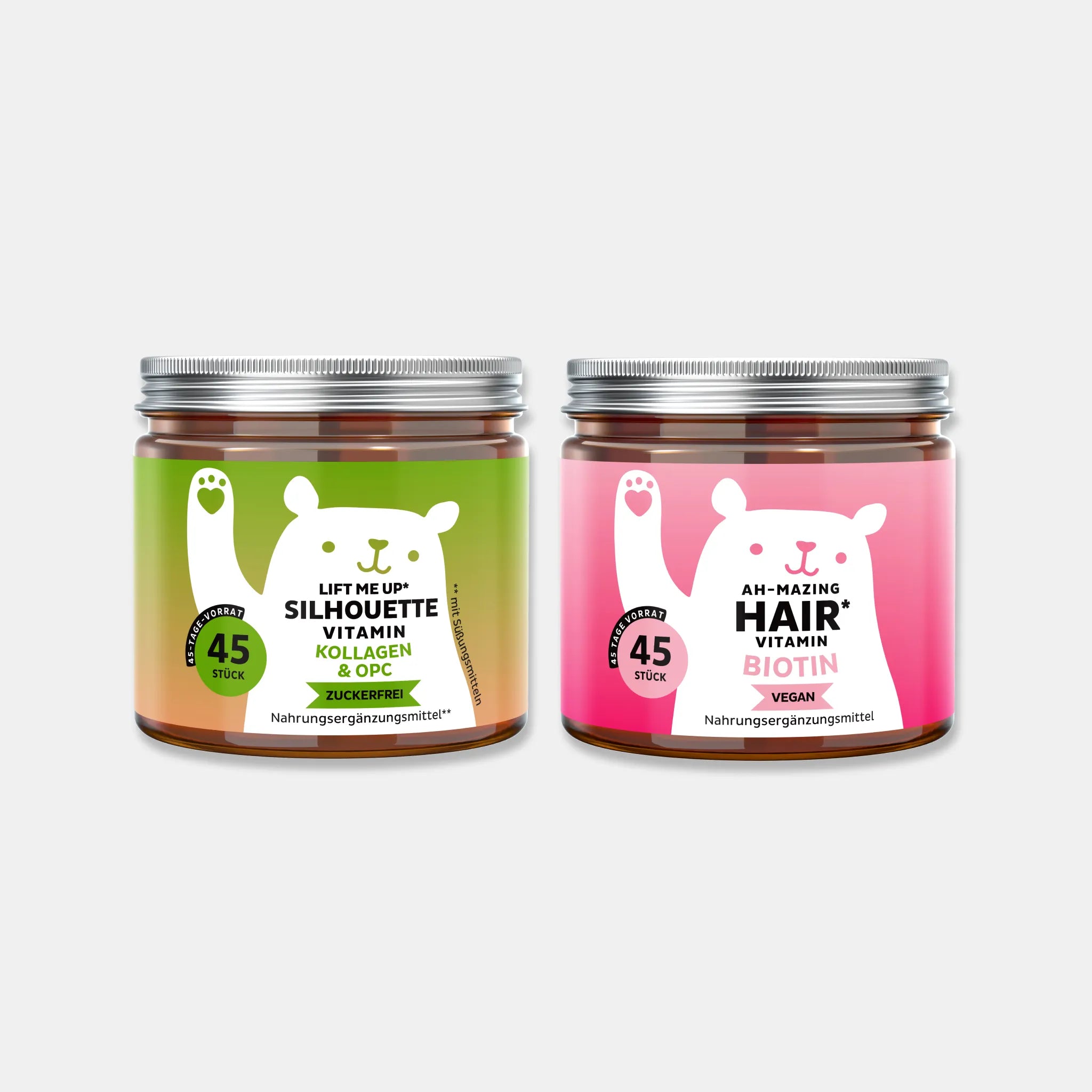 Bears with Benefits Beauty & The Glow Duo – Biotin- und Kollagen-Gummies für Haare, Haut & Nägel sowie normale Kollagenbildung, Ah-Mazing Hair Vitamin mit 10.000 µg Biotin pro Tagesdosis, Lift Me Up Silhouette Vitamin mit 500 mg Kollagenpeptiden und OPC pro Tagesdosis, 2 Dosen à 45 Stück, Ah-Mazing Hair vegan, Lift Me Up Silhouette zuckerfrei, Nahrungsergänzungsmittel, 45 Tage Vorrat