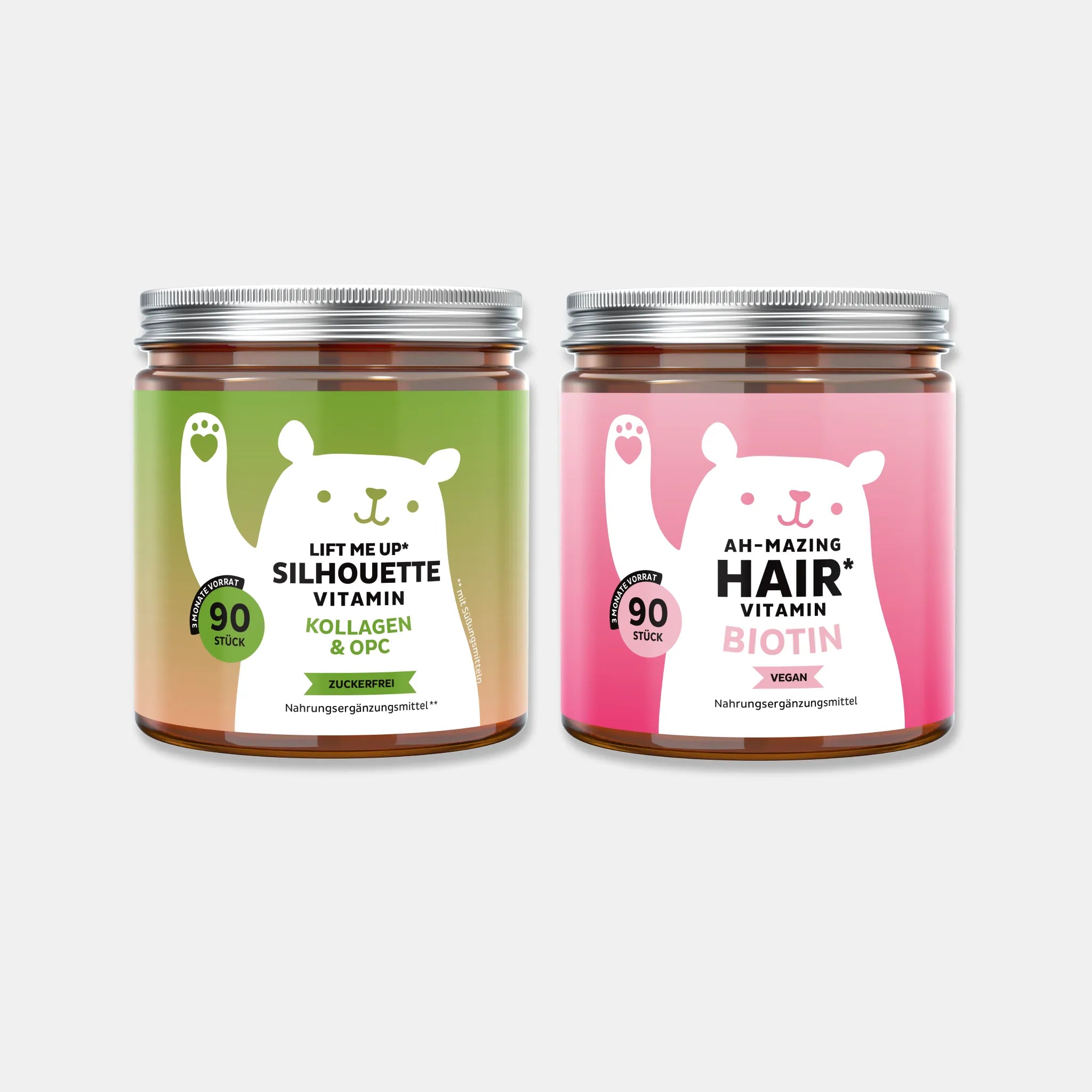 Bears with Benefits Beauty & The Glow Duo – Biotin- und Kollagen-Gummies für Haare, Haut & Nägel sowie normale Kollagenbildung, Ah-Mazing Hair Vitamin mit 10.000 µg Biotin pro Tagesdosis, Lift Me Up Silhouette Vitamin mit 500 mg Kollagenpeptiden und OPC pro Tagesdosis, 2 Dosen à 90 Stück, Ah-Mazing Hair vegan, Lift Me Up Silhouette zuckerfrei, Nahrungsergänzungsmittel, 3 Monatsvorrat