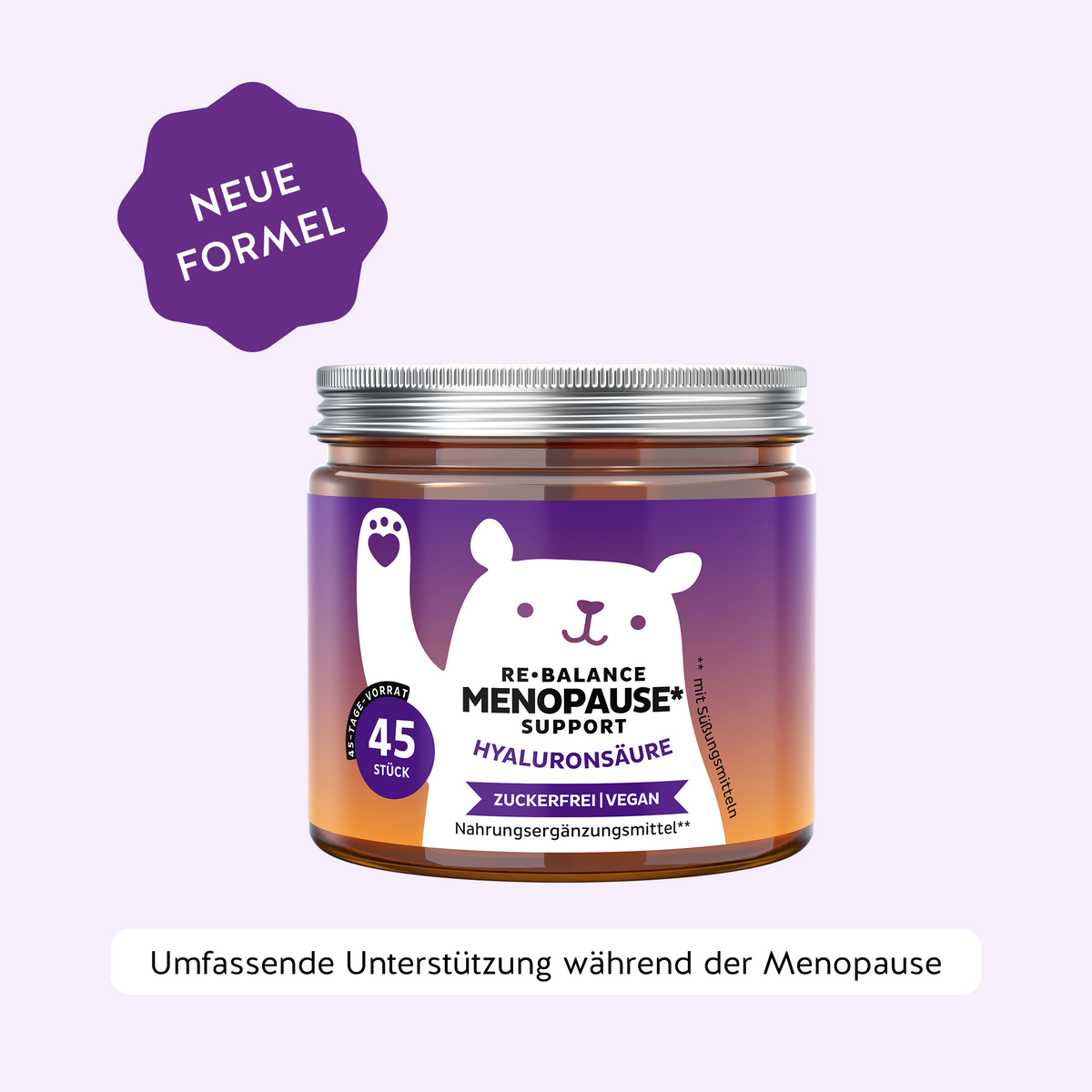 Bears with Benefits Re-Balance Menopause Support – Vegane Hyaluronsäure Gummibärchen für Unterstützung während der Menopause und weibliches Wohlbefinden, 25 mg Hyaluronsäure pro Bärchen, 45 Stück, 45 Tage Vorrat, zuckerfrei und vegan