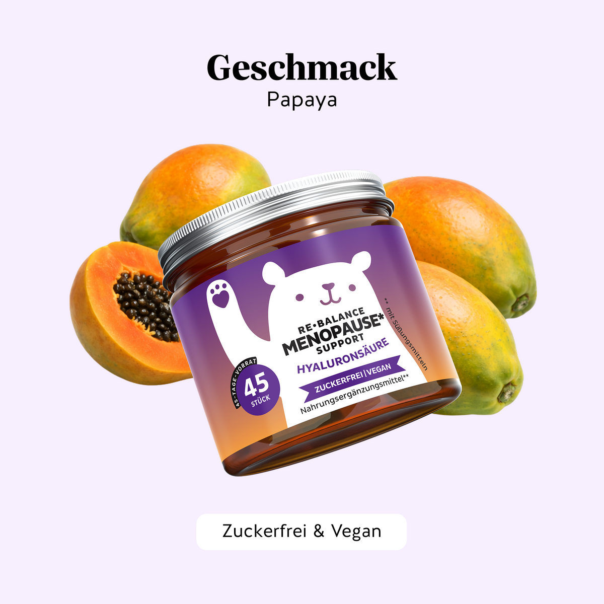 Bears with Benefits Re-Balance Menopause Support – Vegane Hyaluronsäure Gummibärchen mit Papaya-Geschmack für Unterstützung während der Menopause, 25 mg Hyaluronsäure pro Bärchen, 45 Stück, zuckerfrei und vegan