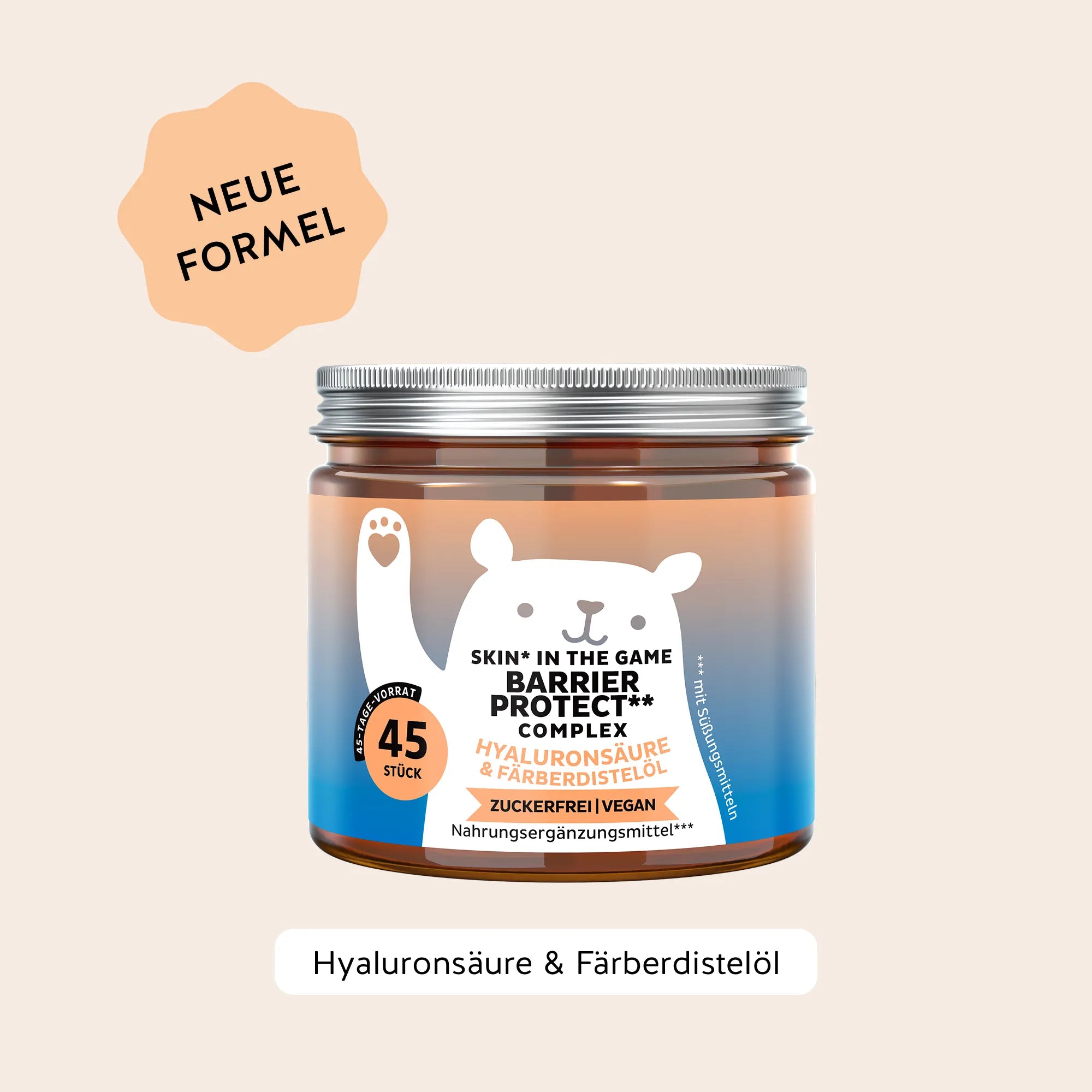 Bears with Benefits Skin* in the Game Barrier Protect** Complex – Vegane Hautschutz Gummibärchen für Hautbarriere und normale Hautfunktion, 20 mg Hyaluronsäure, 20 mg Färberdistelöl, 5 mg Zink, 20 mg Vitamin C und 12 mg Vitamin E pro Bärchen, 45 Stück, 45 Tage Vorrat, neue Formel, zuckerfrei & vegan