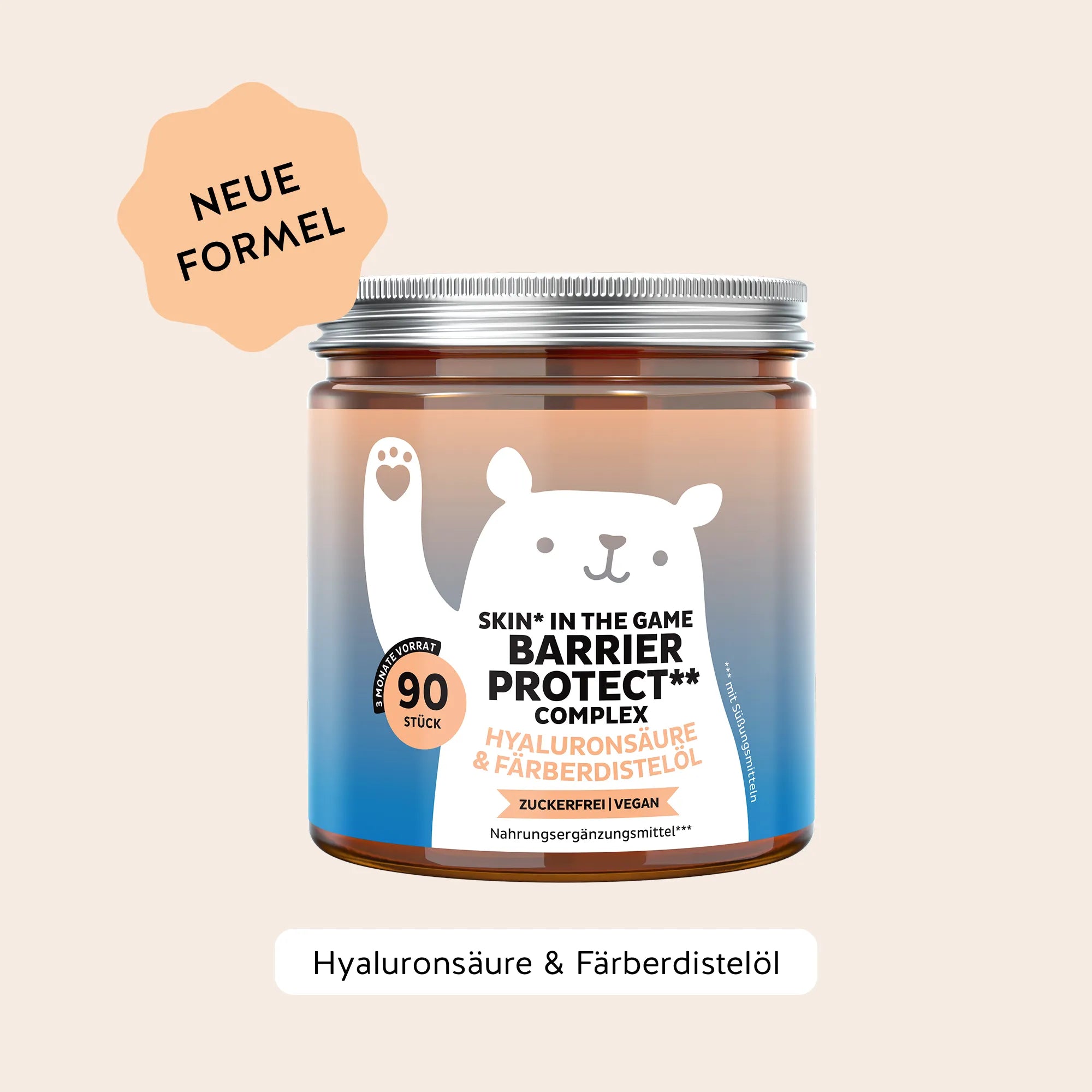 Bears with Benefits Skin* in the Game Barrier Protect** Complex – Vegane Haut Gummibärchen für Hautbarriere, Kollagenbildung und Zellschutz, 20 mg Hyaluronsäure, 20 mg Färberdistelöl, 10 mg Traubenkernextrakt, 5 mg Zink, 20 mg Vitamin C und 12 mg Vitamin E pro Bärchen, 90 Stück, 3 Monate Vorrat, neue Formel, zuckerfrei & vegan