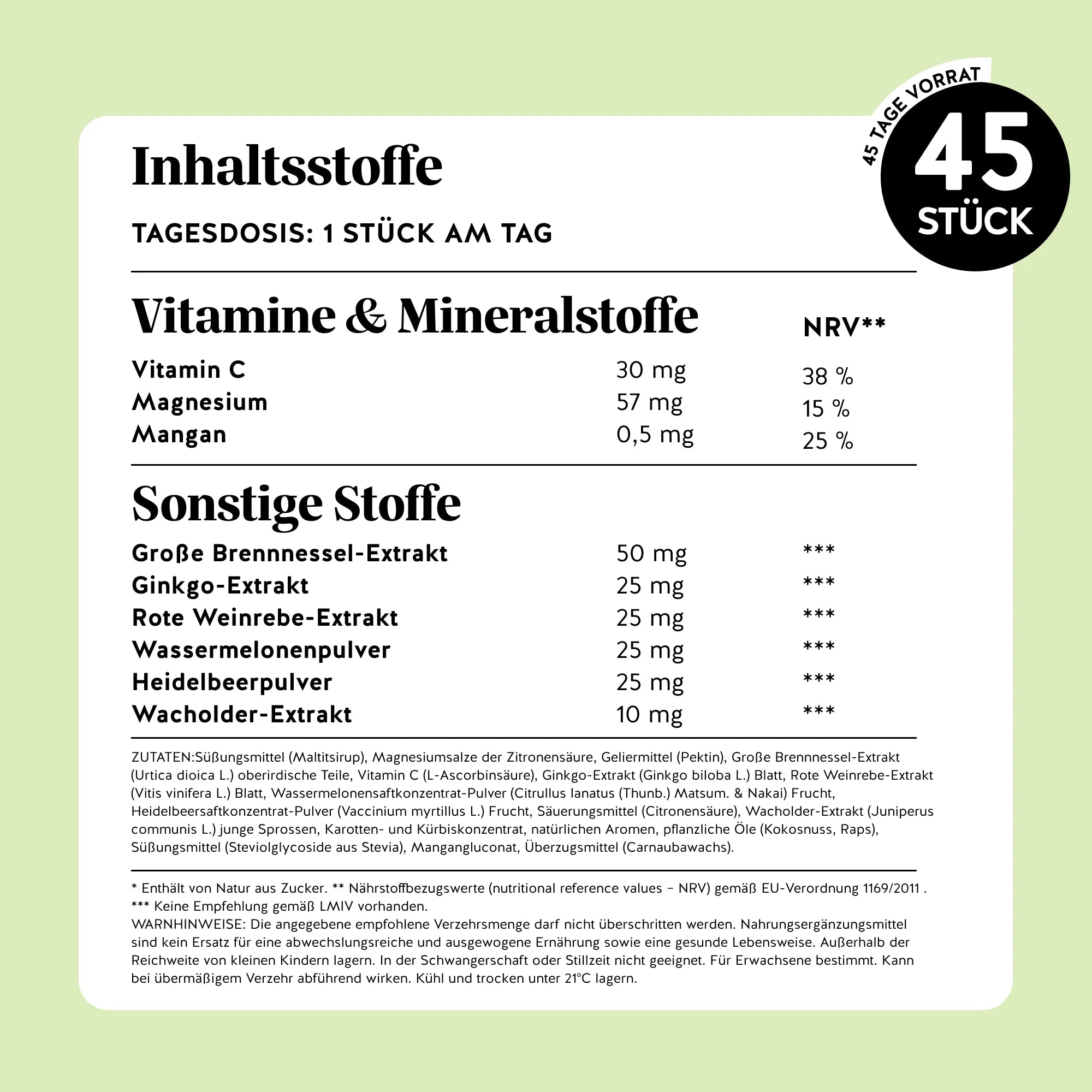 Bears with Benefits Lighter Legs Water Relief Complex – Vegane Magnesium & Mangan Gummibärchen mit Inhaltsstoffen pro Tagesdosis: Vitamin C 30 mg, Magnesium 57 mg, Mangan 0,5 mg, Große Brennnessel-Extrakt 50 mg, Ginkgo-Extrakt 25 mg, Rote Weinrebe-Extrakt 25 mg, Wassermelonenpulver 25 mg, Heidelbeerpulver 25 mg und Wacholder-Extrakt 10 mg, 45 Stück