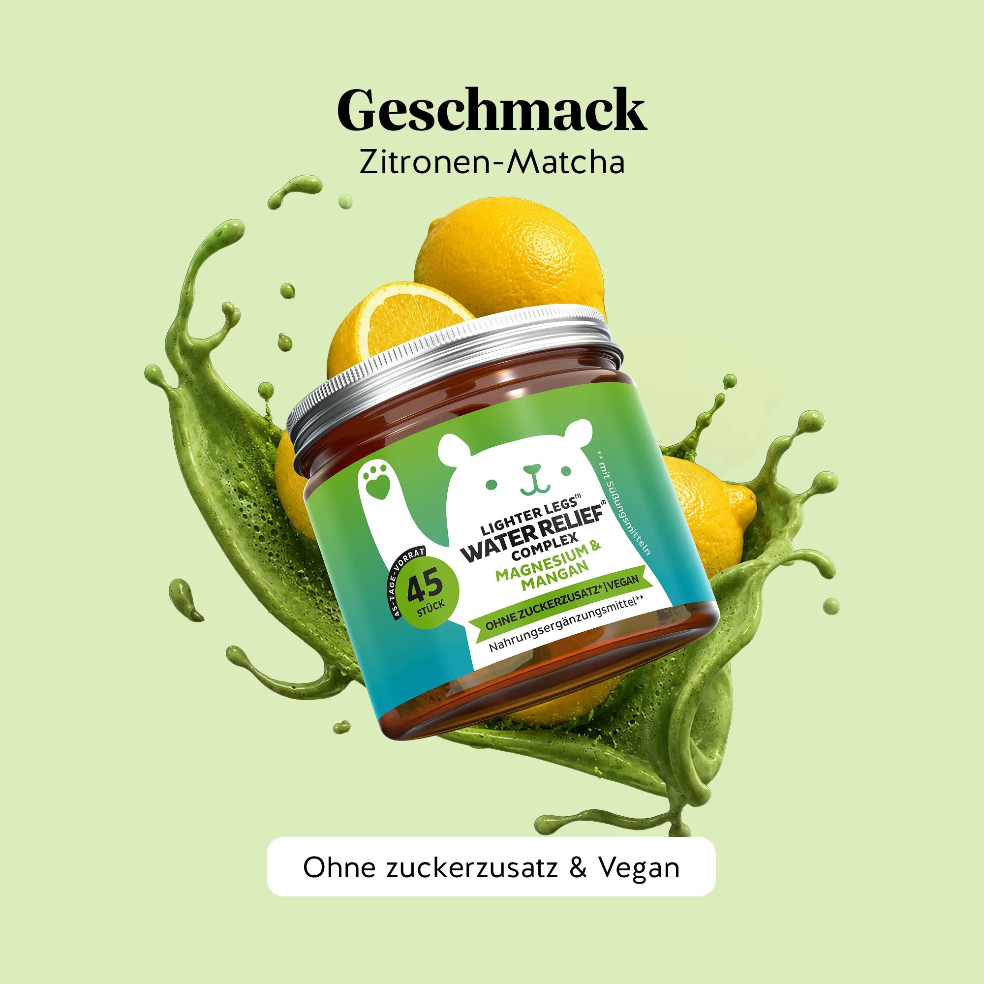 Bears with Benefits Lighter Legs Water Relief Complex – Vegane Magnesium & Mangan Gummibärchen mit Zitronen-Matcha-Geschmack für leichte Beine und tägliche Balance, 57 mg Magnesium und 0,5 mg Mangan pro Bärchen, 45 Stück, ohne Zuckerzusatz und vegan