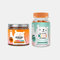 Bears with Benefits One Bear a Day Immune Vitamin + All in One Kids Vitamin – Zuckerfreie Vitamin-Gummibärchen für tägliche Familienroutine, Immunsystem* & Kindergesundheit*, mit Vitamin D + C + B6 + B12 und Propolisextrakt sowie Zink + Jod, 2er Set je 45 Stück, natürlicher Orangengeschmack, vegetarisch & vegan