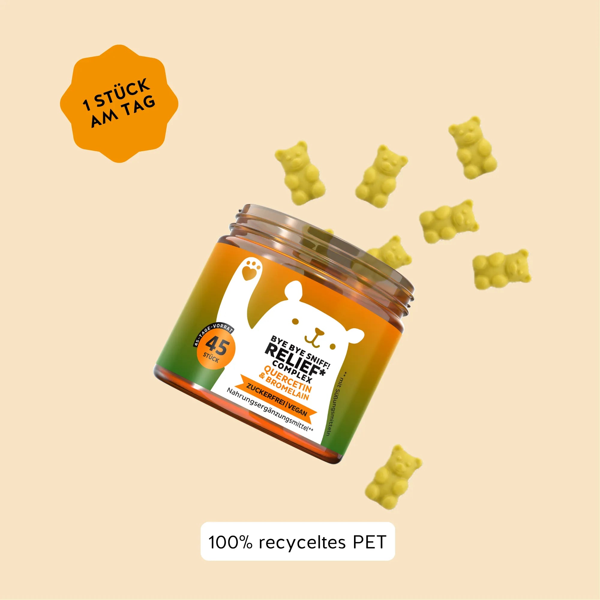 Bears with Benefits Bye Bye Sniff! Relief Complex – Verzehrempfehlung 1 Quercetin Gummibärchen pro Tag, 45 Stück Vorrat, Verpackung aus 100% recyceltem PET, zuckerfrei und vegan
