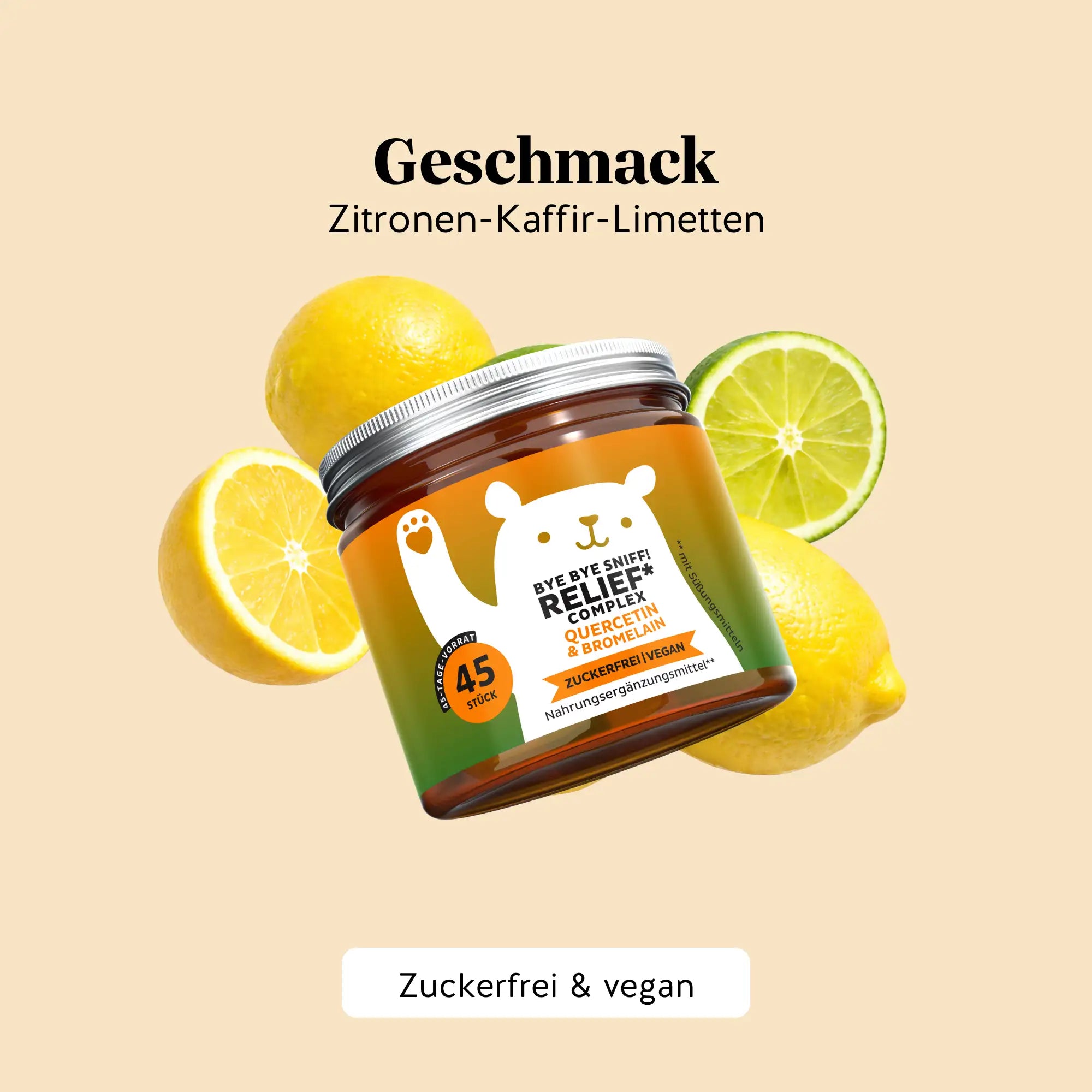 Bears with Benefits Bye Bye Sniff! Relief Complex – Vegane Quercetin Gummibärchen mit Zitronen-Kaffir-Limetten-Geschmack zur Immununterstützung, natürlicher Fruchtgeschmack, 45 Stück, zuckerfrei
