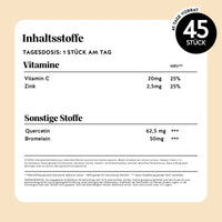 Bears with Benefits Bye Bye Sniff! Relief Complex – Nährwerttabelle 45 Stück: Vitamin C 20 mg, Zink 2,5 mg, Quercetin 62,5 mg, Bromelain 50 mg, Tagesdosis 1 Stück, zuckerfrei