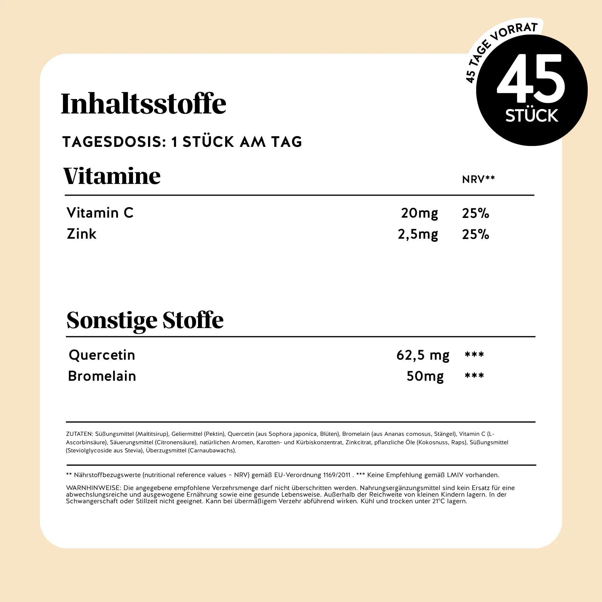 Bears with Benefits Bye Bye Sniff! Relief Complex – Nährwerttabelle 45 Stück: Vitamin C 20 mg, Zink 2,5 mg, Quercetin 62,5 mg, Bromelain 50 mg, Tagesdosis 1 Stück, zuckerfrei