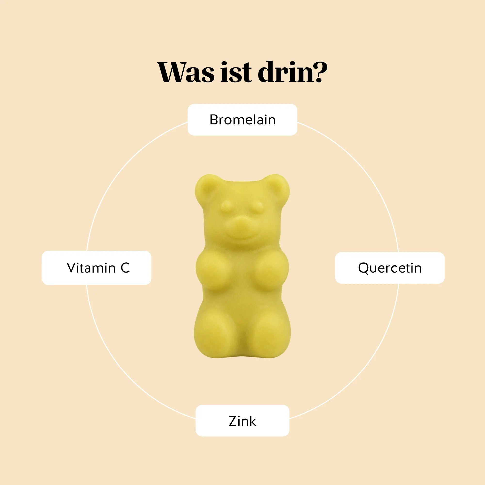 Bears with Benefits Bye Bye Sniff! Relief Complex – Inhaltsstoffe pro Gummibärchen: Quercetin 62,5 mg, Bromelain 50 mg, Vitamin C und Zink, vegane Formel zur Unterstützung des Immunsystems