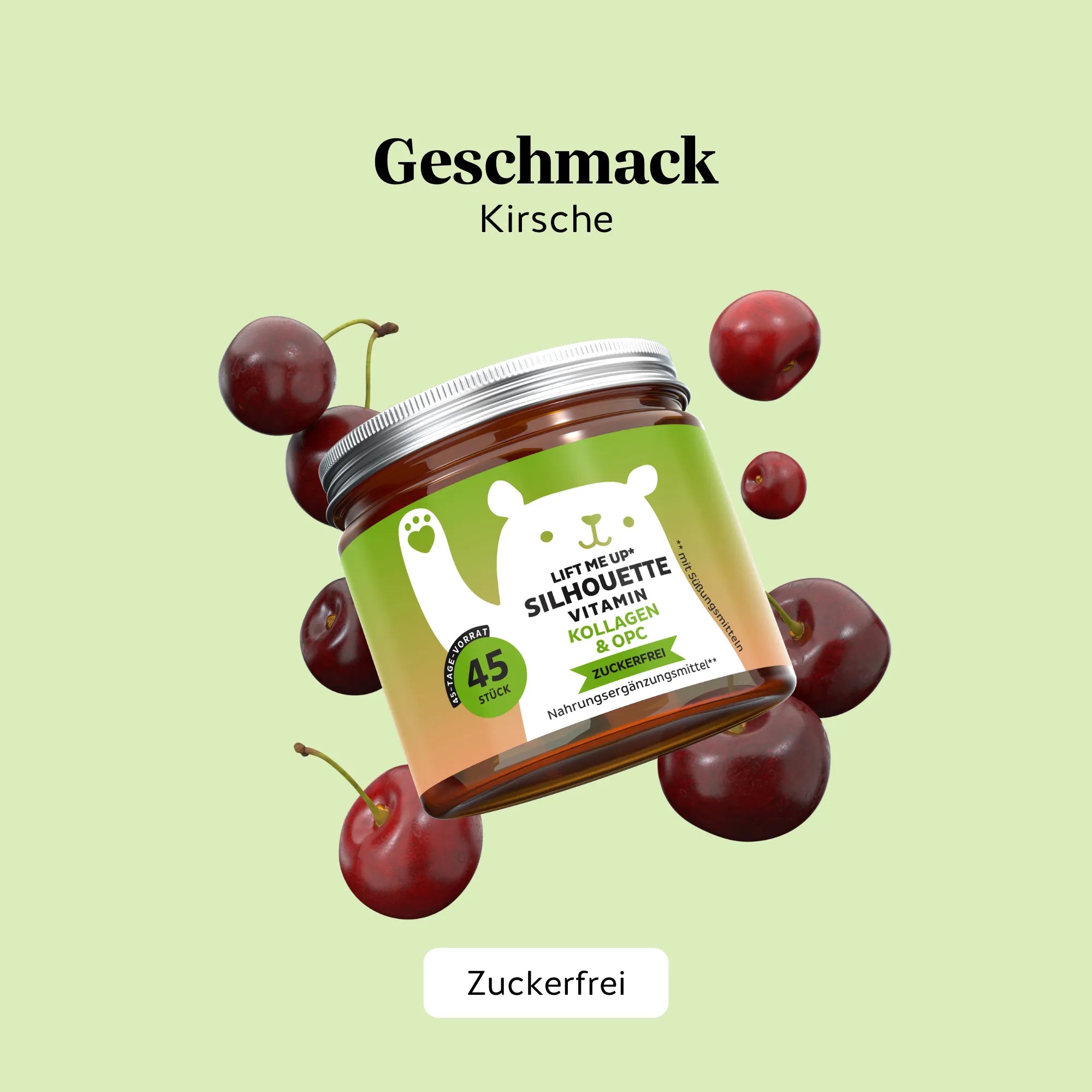 Angenehmer Kirschgeschmack der Gummibärchen des Lift Me Up* Silhouette Vitamin Kollagen & OPC von Bears with Benefits, einfach und lecker einzunehmen. Dose mit 45 Stück.