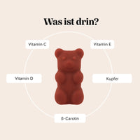 Bears with Benefits Golden Goddess Tan Vitamin – Inhaltsstoffe pro Gummibärchen: Beta-Carotin, Vitamin C, Vitamin D, Vitamin E, Kupfer, vegane Formel für sonnengebräunte Haut und natürliche Hautpigmentierung