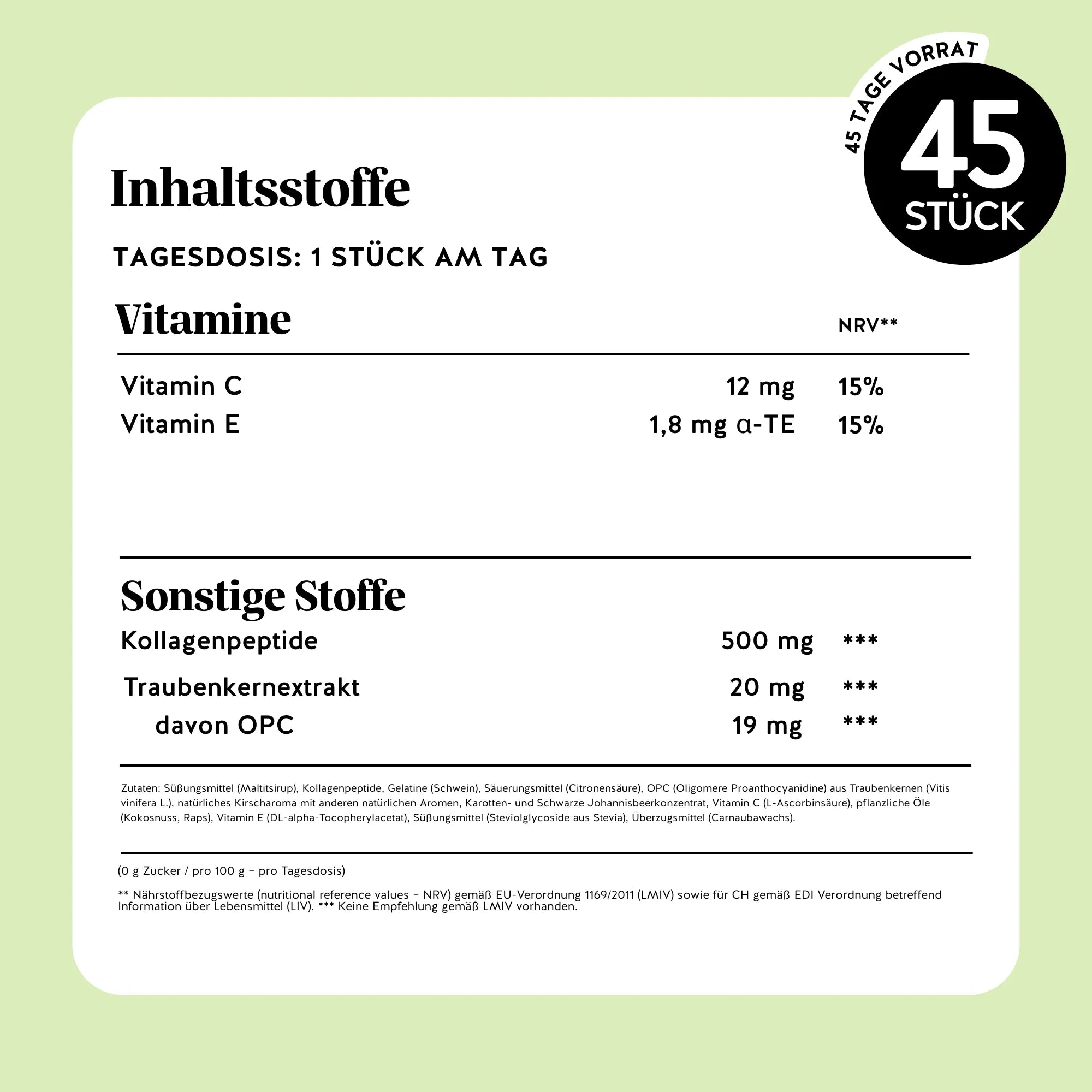 Vollständige Liste der Inhaltsstoffe des Lift Me Up* Silhouette Vitamin Kollagen & OPC von Bears with Benefits in Gummibärchenform, inklusive Vitamin C, Vitamin E, Kollagenpeptiden und Traubenkernextrakt (OPC).