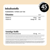 Bears with Benefits Catch Of The Day Vitality Support – Nährwerttabelle und Inhaltsstoffe: Vitamin C 20 mg, Vitamin E 1,8 mg α-TE, DHA 50 mg aus Mikroalgenöl, Tagesdosis 1 Stück, 45 Stück Packung, zuckerfrei, vegan