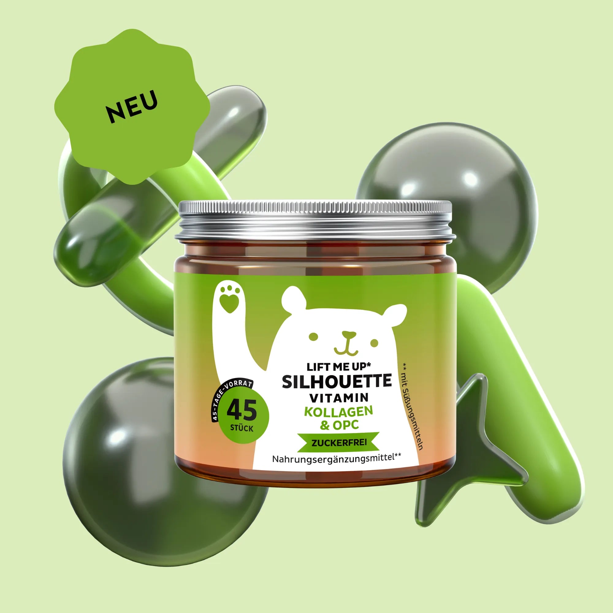 Bild der Dose mit 45 Stück des Lift Me Up* Silhouette Vitamin Kollagen & OPC von Bears with Benefits in Gummibärchenform (zuckerfrei), entwickelt zur Ergänzung der täglichen Beauty-Routine mit Kollagenpeptiden, Traubenkernextrakt (OPC) sowie Vitamin C und Vitamin E.