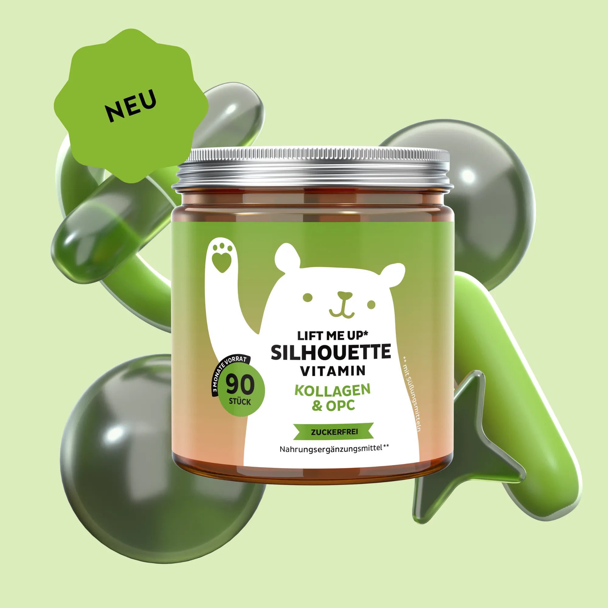 Single Unit 90 jars Bild der Dose mit 90 Stück des Lift Me Up* Silhouette Vitamin Kollagen & OPC von Bears with Benefits in Gummibärchenform (zuckerfrei), entwickelt zur Ergänzung der täglichen Beauty-Routine mit Kollagenpeptiden, Traubenkernextrakt (OPC) sowie Vitamin C und Vitamin E.