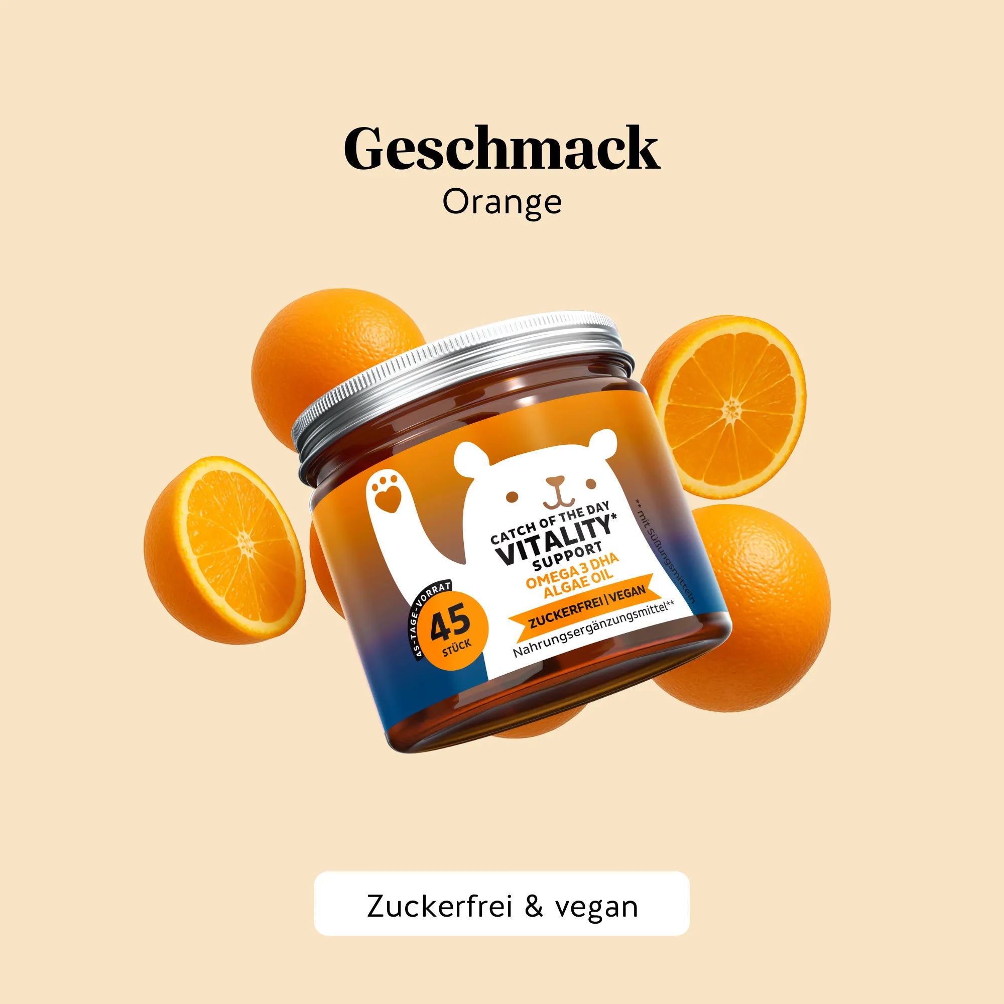 Angenehmer Orangengeschmack der Catch Of The Day Vitality Support Vitamin-Gummibärchen von Bears with Benefits, einfach und lecker einzunehmen. Dose mit 45 Stück.
