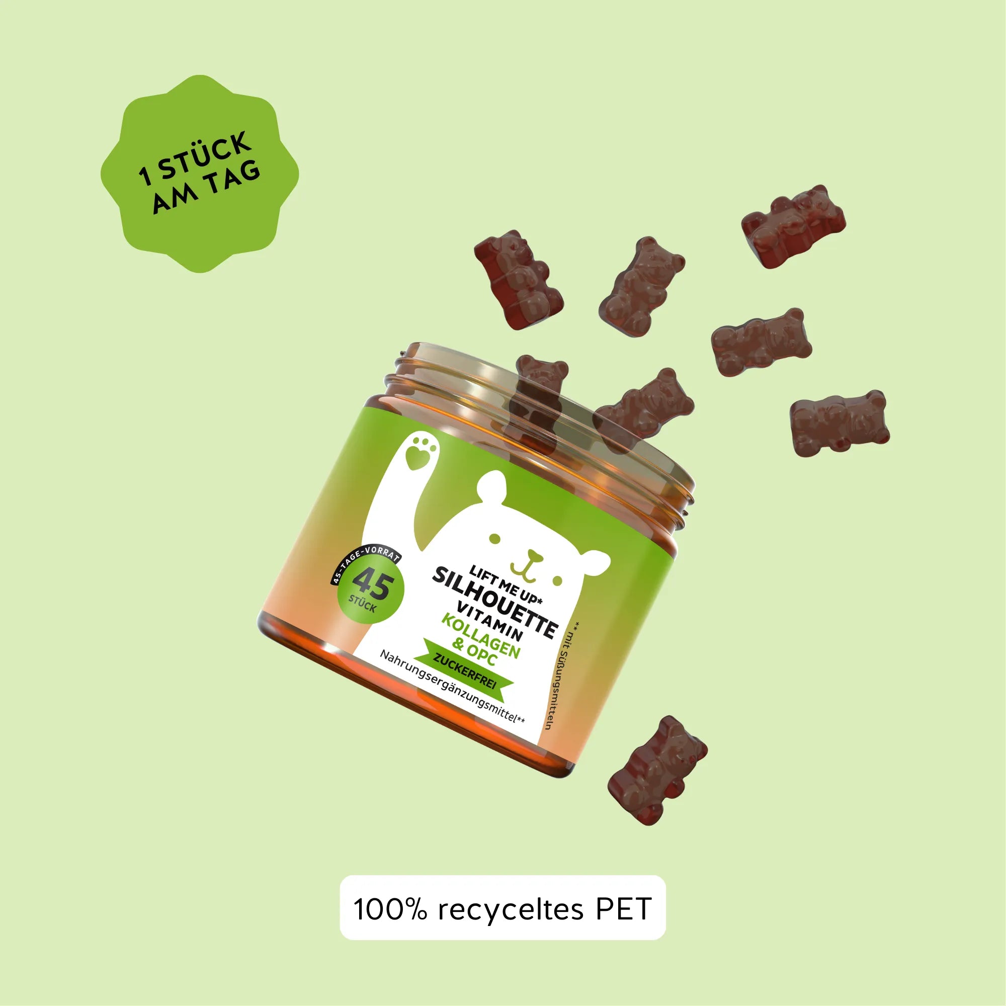 Verzehrempfehlung für Lift Me Up* Silhouette Vitamin Kollagen & OPC von Bears with Benefits: 1 Stück am Tag; offene Dose mit 45 Stück, Gummibärchen fliegen heraus, Hinweis „100% recyceltes PET“.