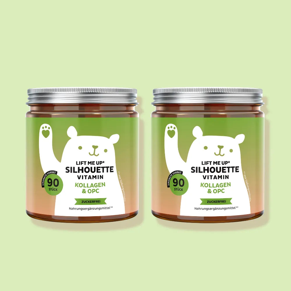Bild eines 2er-Packs des Lift Me Up* Silhouette Vitamin Kollagen & OPC von Bears with Benefits für einen größeren Vorrat an zuckerfreien Gummibärchen (Vorratspack).