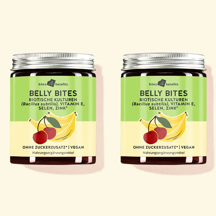 Auf diesem Bild sind zwei Dosen Belly Bites mit biotischen Kulturen für das Immunsystem abgebildet. Das Produkt ist von Bears with Benefits.