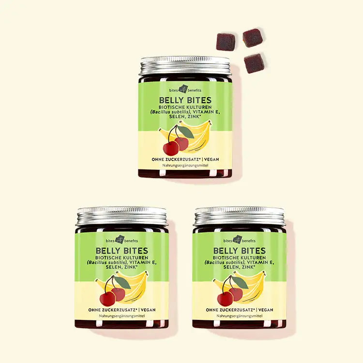 Auf diesem Bild sind drei Dosen Belly Bites mit biotischen Kulturen für das Immunsystem abgebildet. Das Produkt ist von Bears with Benefits.