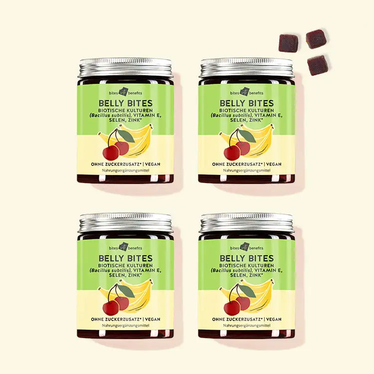 Auf diesem Bild sind vier Dosen Belly Bites mit biotischen Kulturen für das Immunsystem abgebildet. Das Produkt ist von Bears with Benefits.