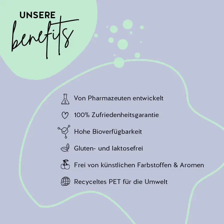 Auf diesem Bild sind die Benefits des Produkts Beauty & Brains Focus von Bears with Benefits dargestellt. Von Pharmazeuten entwickelt, 100% Zufriedenheitsgarantie, Hohe Bioverfügbarkeit, Gluten- und laktosefrei, frei von künstlichen Farbstoffen & Aromen, Recyceltes PET für die Umwelt