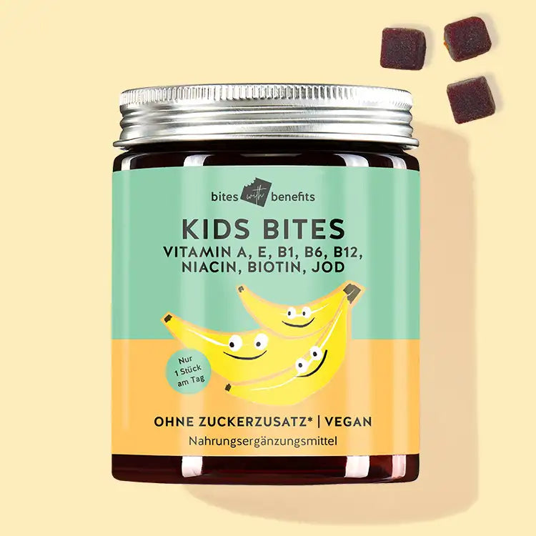 Auf diesem Bild ist eine Dose Kids Bites Multivitamin-Komplex für Kinder ab 4 Jahren abgebildet. Das Produkt ist von Bears with Benefits. 