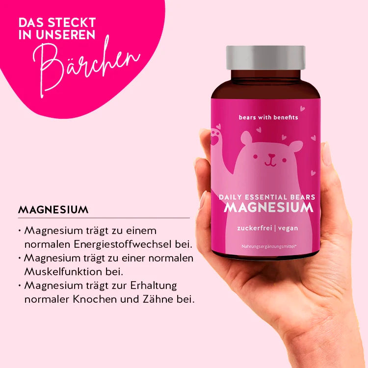 So wirken die Daily Essential Bärchen mit Magnesium: Magnesium trägt zu einem normalen Energiestoffwechsel bei, Magnesium trägt zu einer normalen Muskelfunktion bei, Magnesium trägt zur Erhaltung normaler Knochen und Zähne bei.