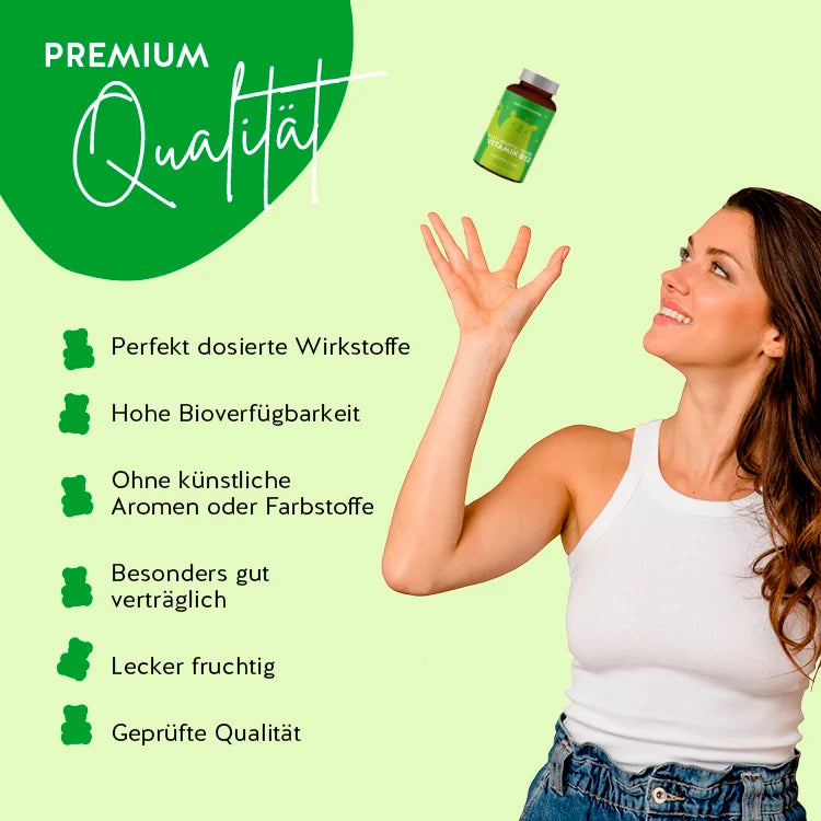 Auf diesem Bild sind die Benefits des Produkts Daily Essential Bears mit Vitamin B12 von Bears with Benefits dargestellt. Perfekt dosierte Wirkstoffe, hohe Bioverfügbarkeit, ohne künstliche Aromen oder Farbstoffe, besonders gut verträglich, lecker fruchtig und geprüfte Qualität.
