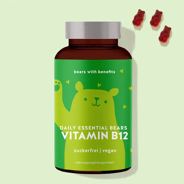 Auf diesem Bild ist eine Dose des Produkts Daily Essential Bears mit Vitamin B12 von Bears with Benefits abgebildet.