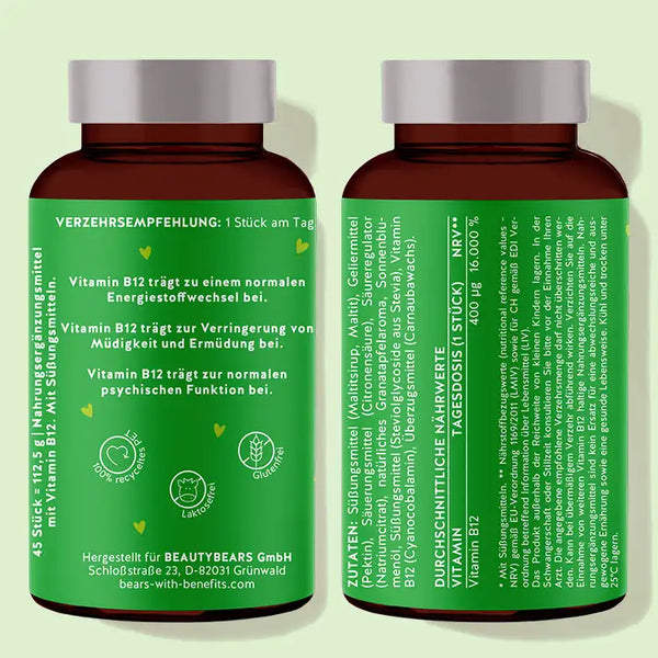 Hier ist die Rückseite der Verpackung der Daily Essential Bears mit Vitamin B12 abgebildet. Darauf stehen die Nährwertangaben sowie die Zutatenliste des Produkts.